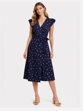 NWOT Rebecca Taylor Farren Floral Midi Wrap Dress 100% Cotton Flutter Sleeve